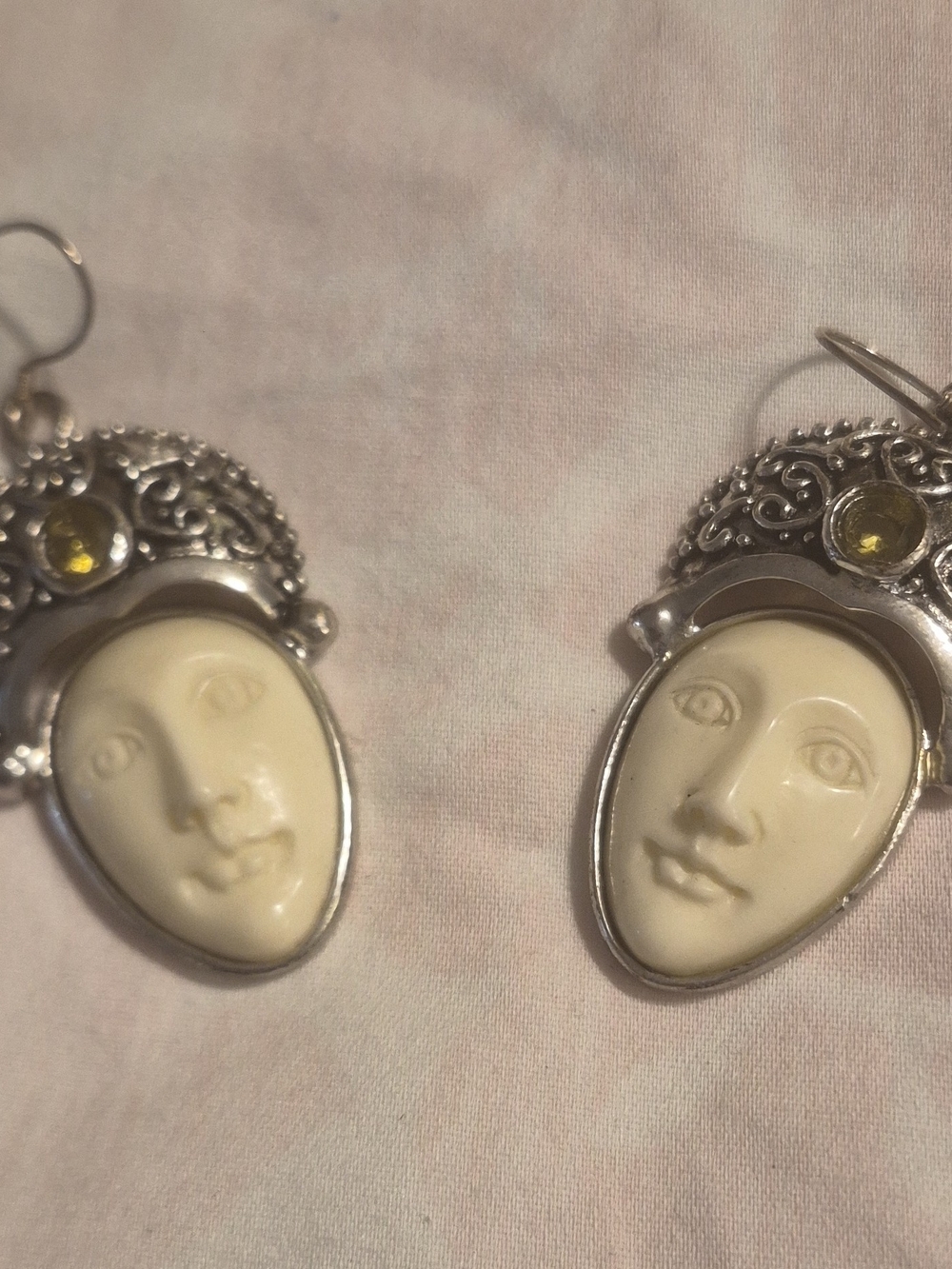 Cream Face Drop Earrings with Silver-Tone Filigree